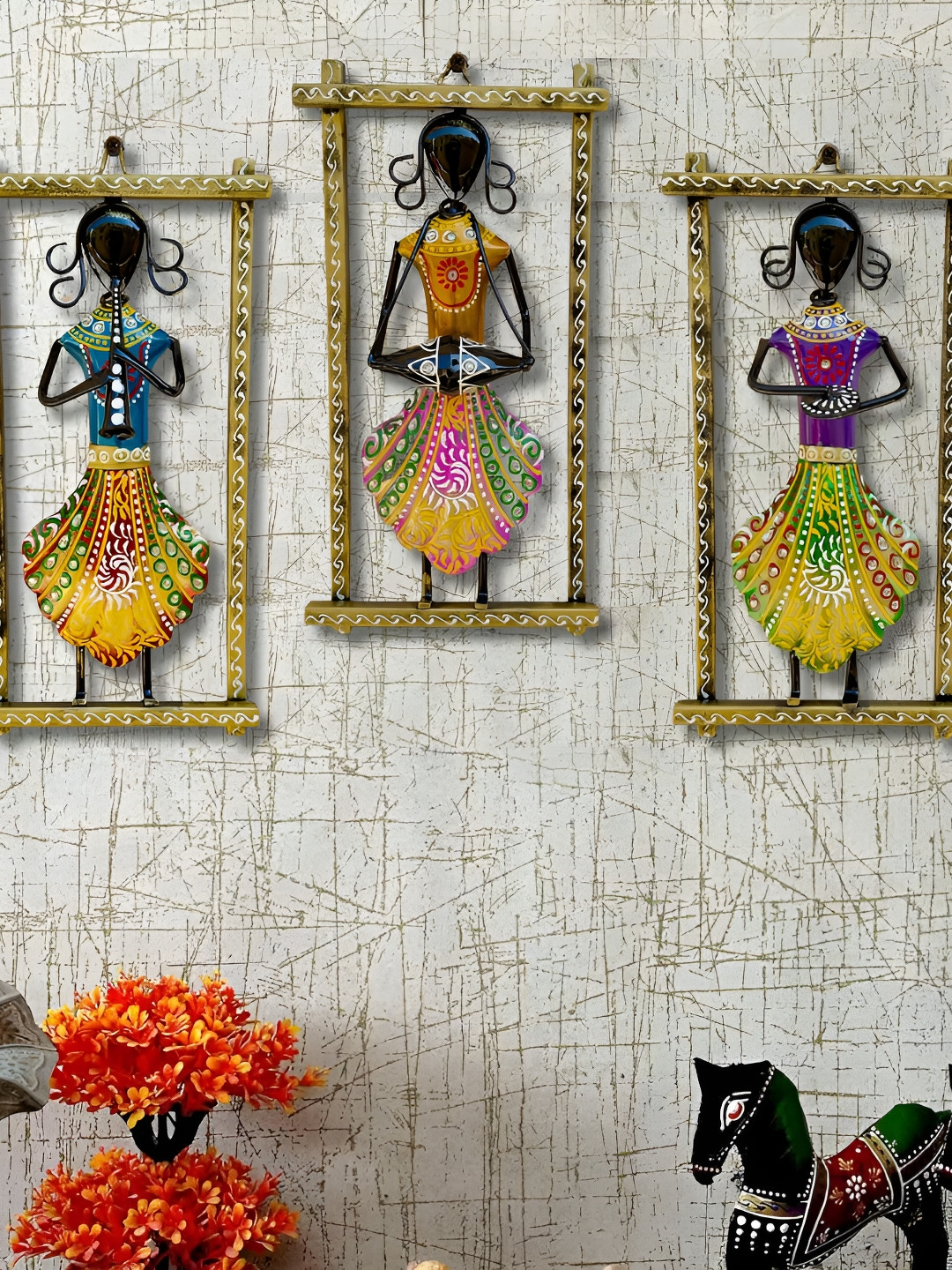 ANSHIKA INTERNATIONAL Rajasthani Musician Metal Glossy 3Pcs Wall Hangings-11.8In