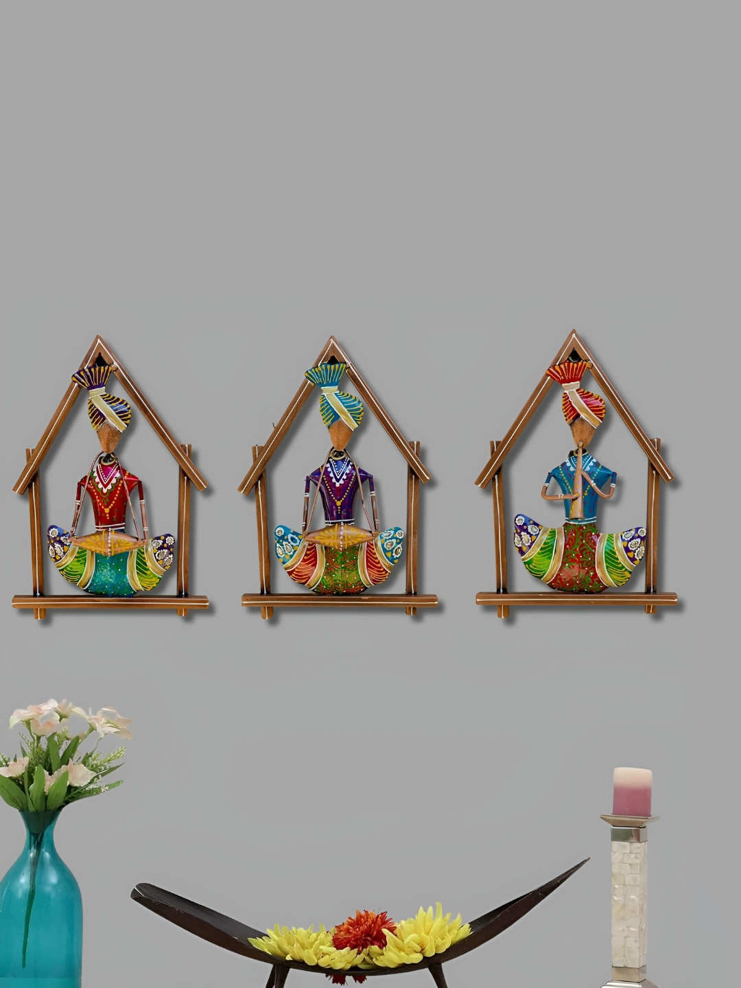 ANSHIKA INTERNATIONAL 3 Rajasthani Hut Musicians Metal Glossy 3Pcs Wall Hangings-10.6In