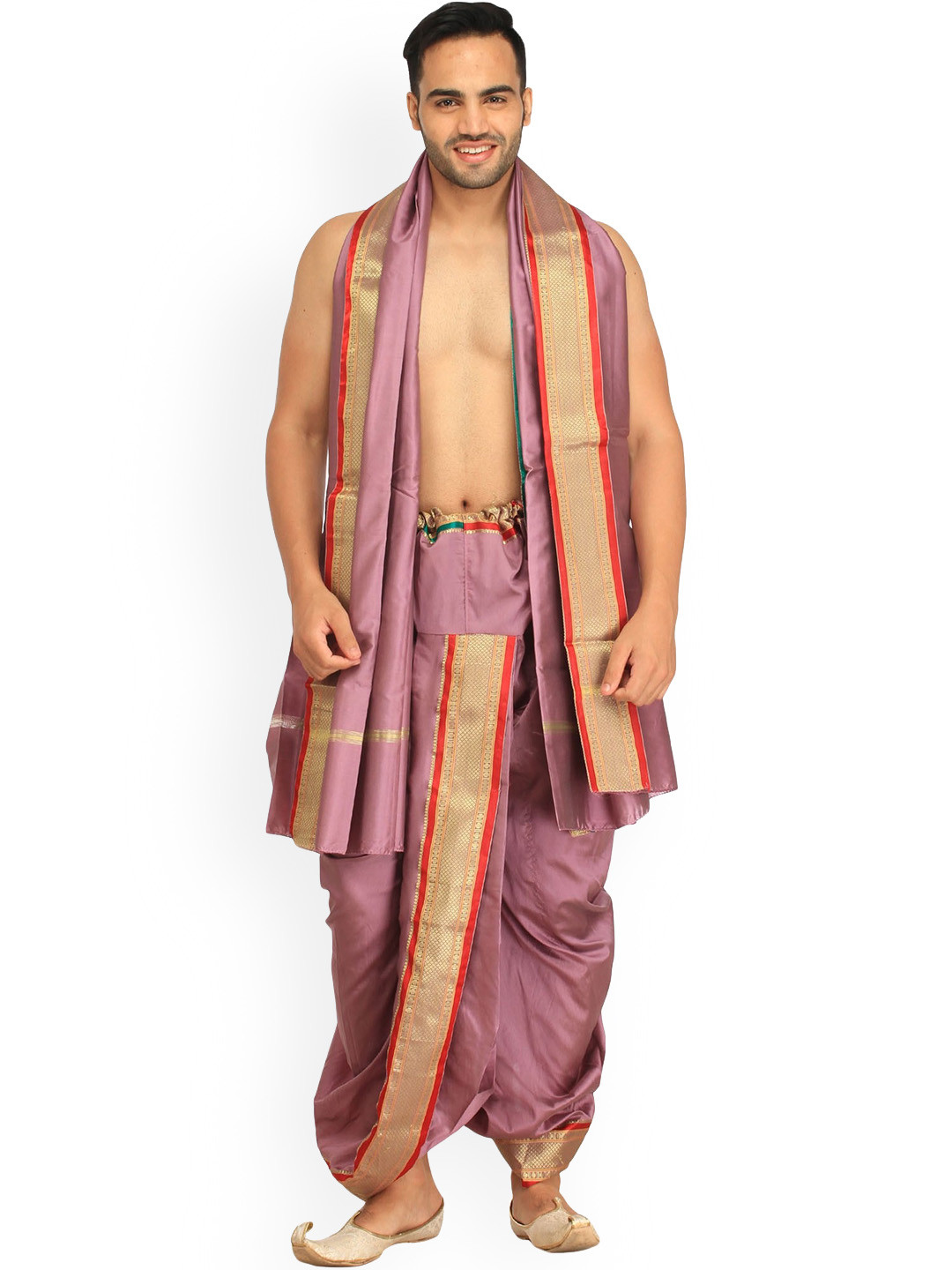 Exotic India Lavender Herb Ready to Wear Dhoti and Veshti Set with Woven Golden Border