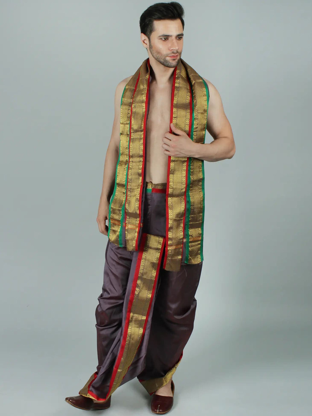 Exotic India Sweet Grape Ready to Wear Dhoti and Veshti Set with Woven Golden Border