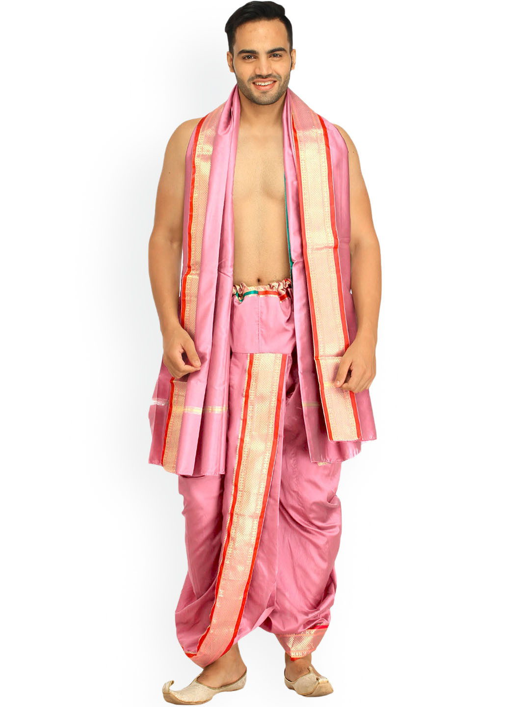 Exotic India Orchid Pink Ready to Wear Dhoti and Veshti Set with Woven Golden Border