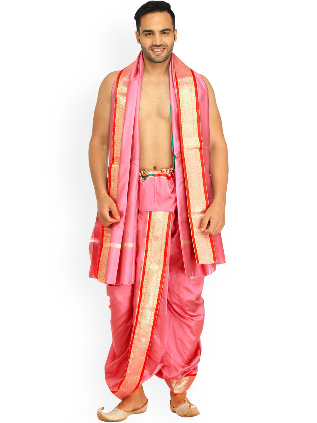 Exotic India Salmon Rose Ready to Wear Dhoti and Veshti Set with Woven Golden Border