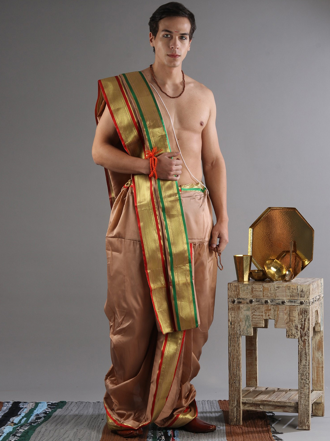 Exotic India Ready to Wear Dhoti and Veshti Set with Woven Golden Border