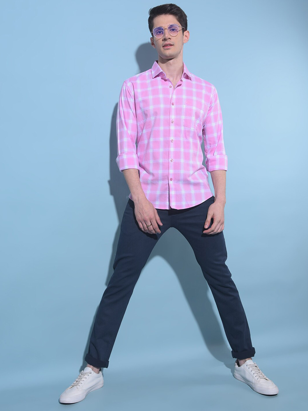Crimsoune Club Resort Collar Checked Long Sleeves Cotton Casual Shirt