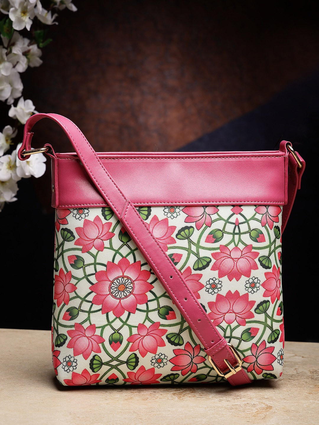 Sangria Pink Floral Printed Structured Sling Bag