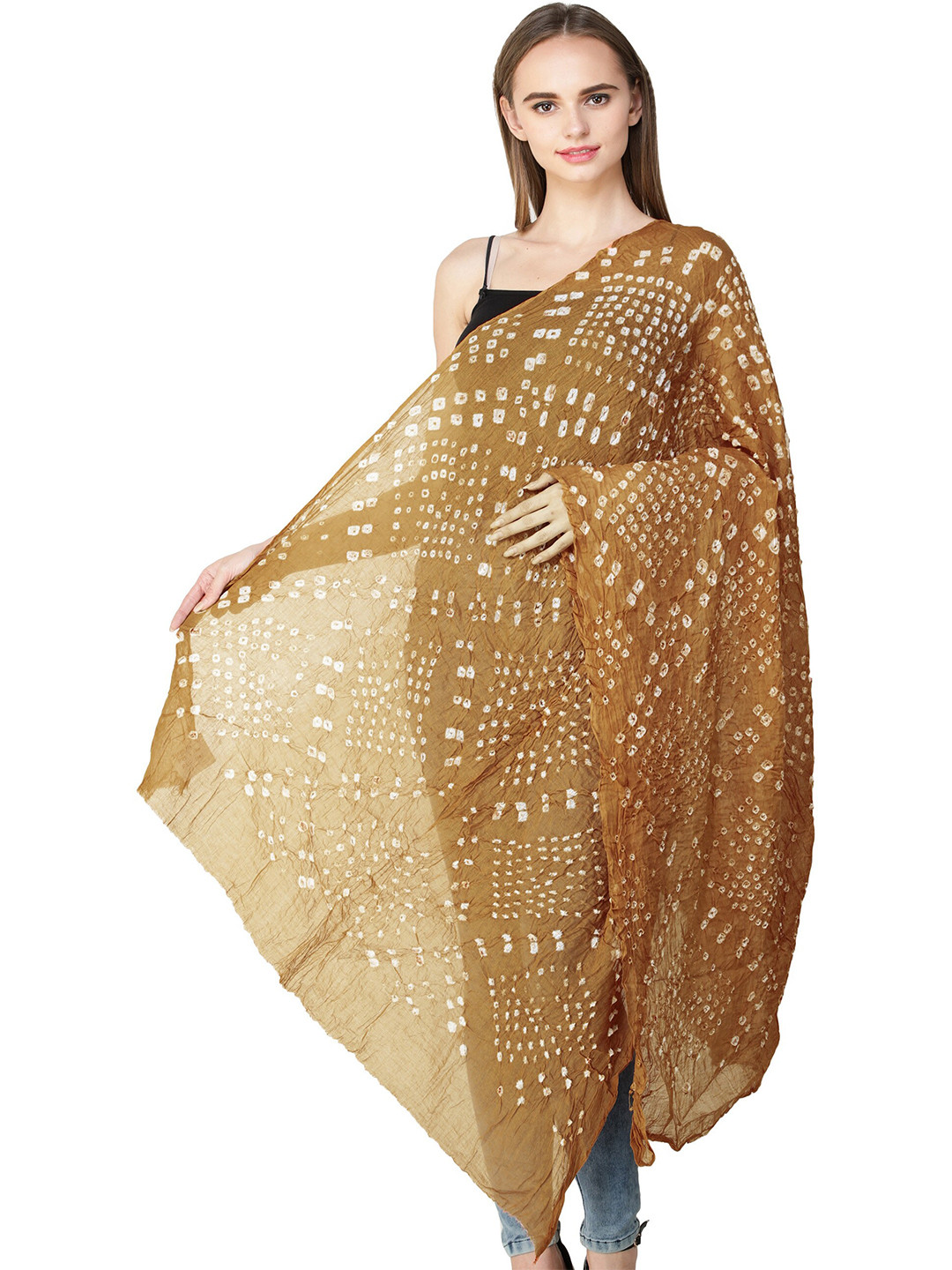 Exotic India Bone Brown Pure Cotton Tie-Dye Printed Silk Jodhpuri Dupatta