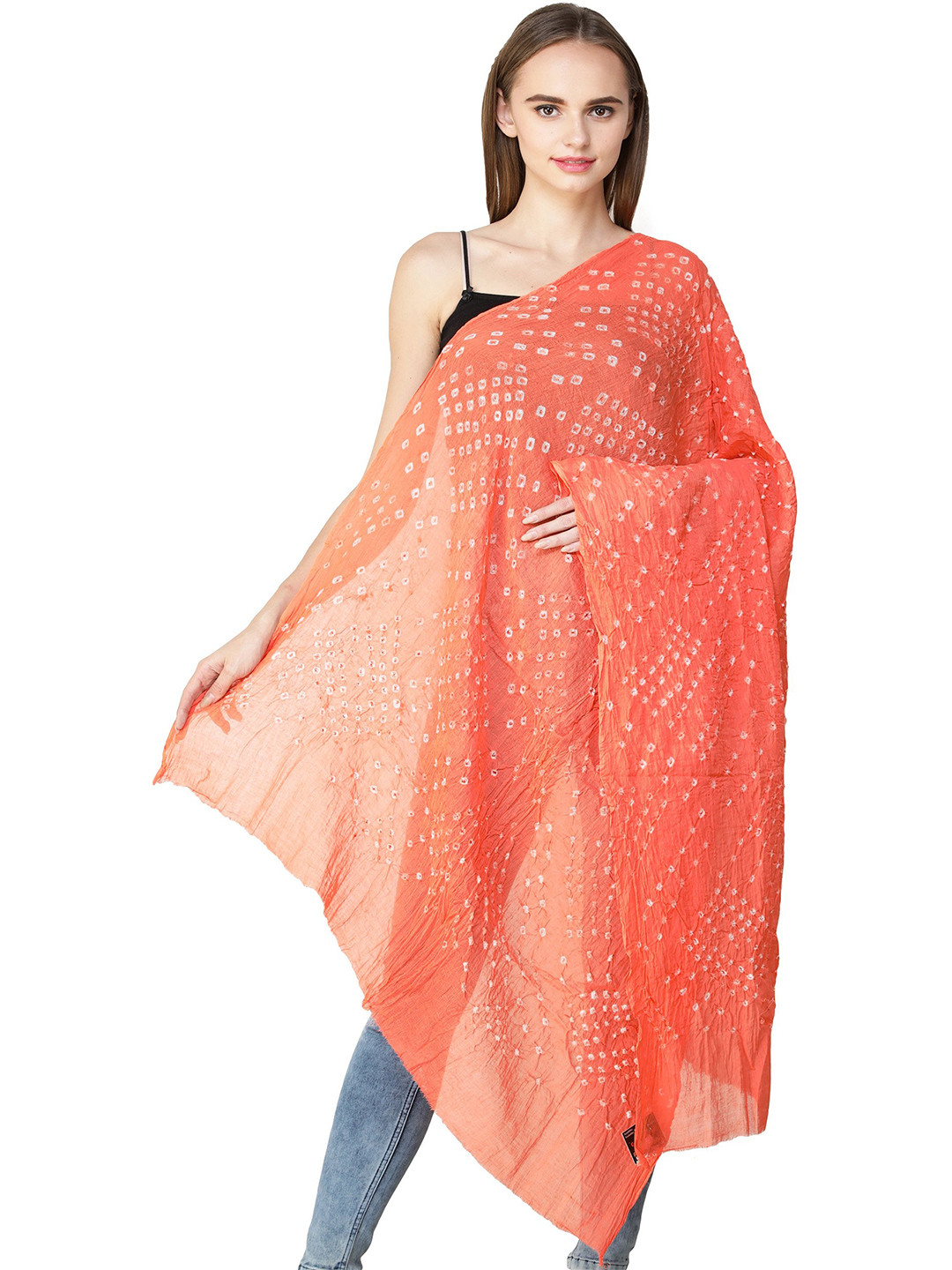 Exotic India Living Coral Pure Cotton Tie-Dye Printed Silk Jodhpuri Dupatta