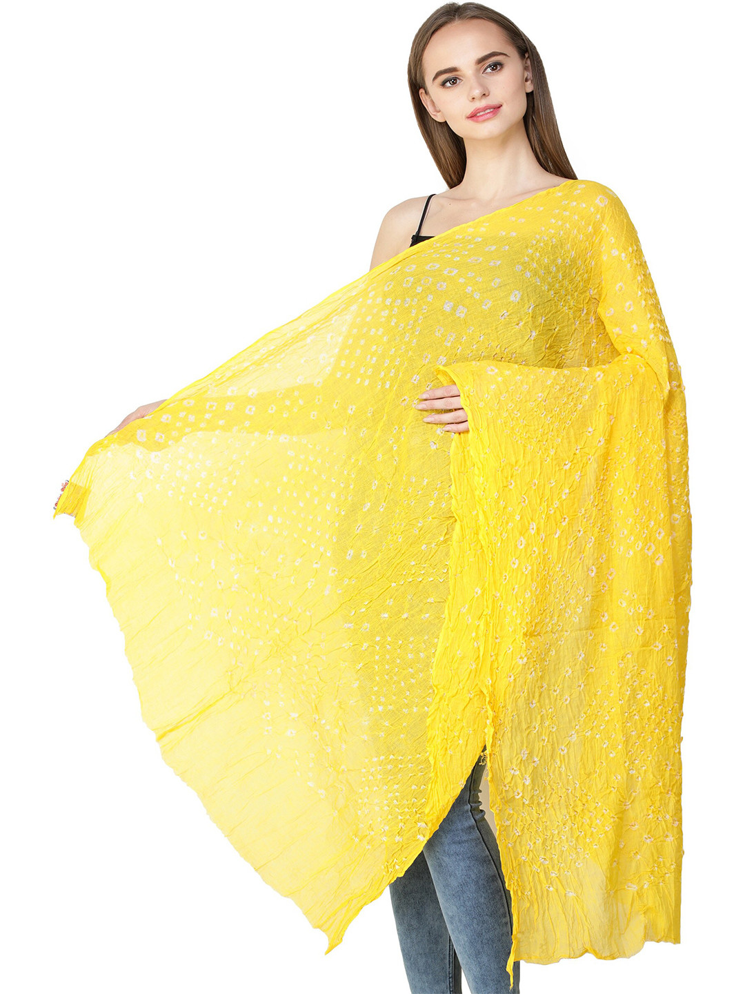 Exotic India Lemon Chrome Pure Cotton Tie-Dye Printed Silk Jodhpuri Dupatta