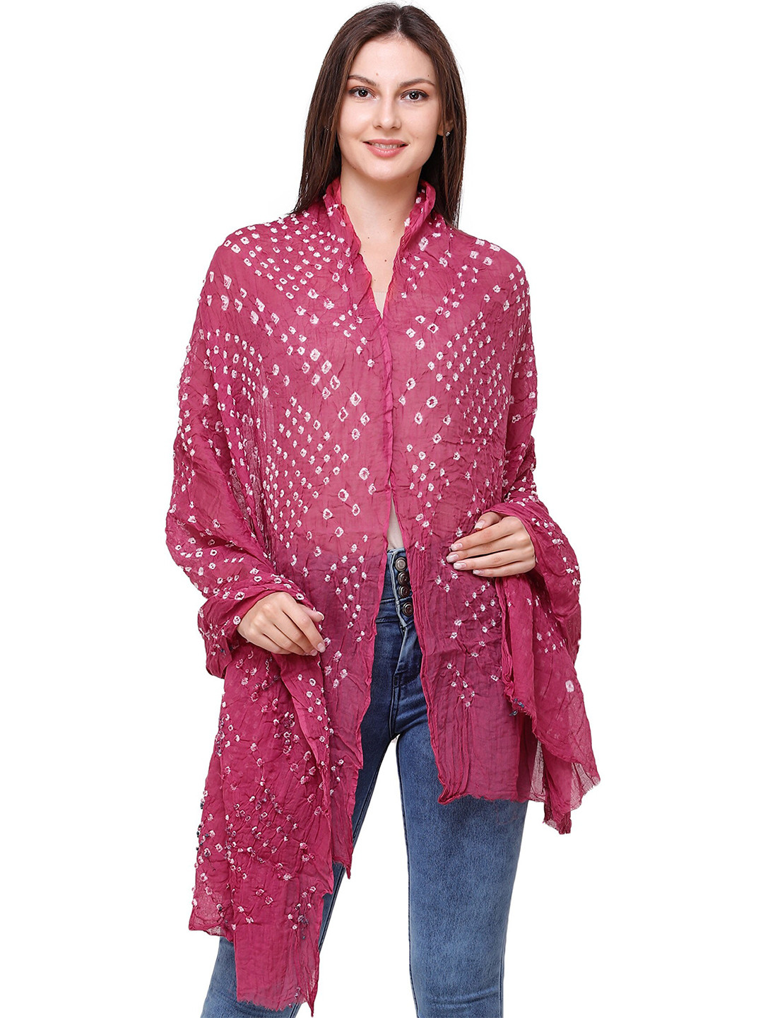 Exotic India Bright Rose Pure Cotton Tie-Dye Printed Silk Jodhpuri Dupatta