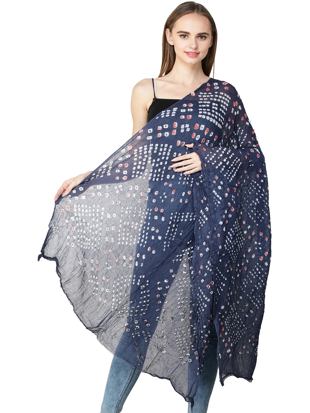 Exotic India Crown Blue Pure Cotton Tie-Dye Printed Silk Jodhpuri Dupatta