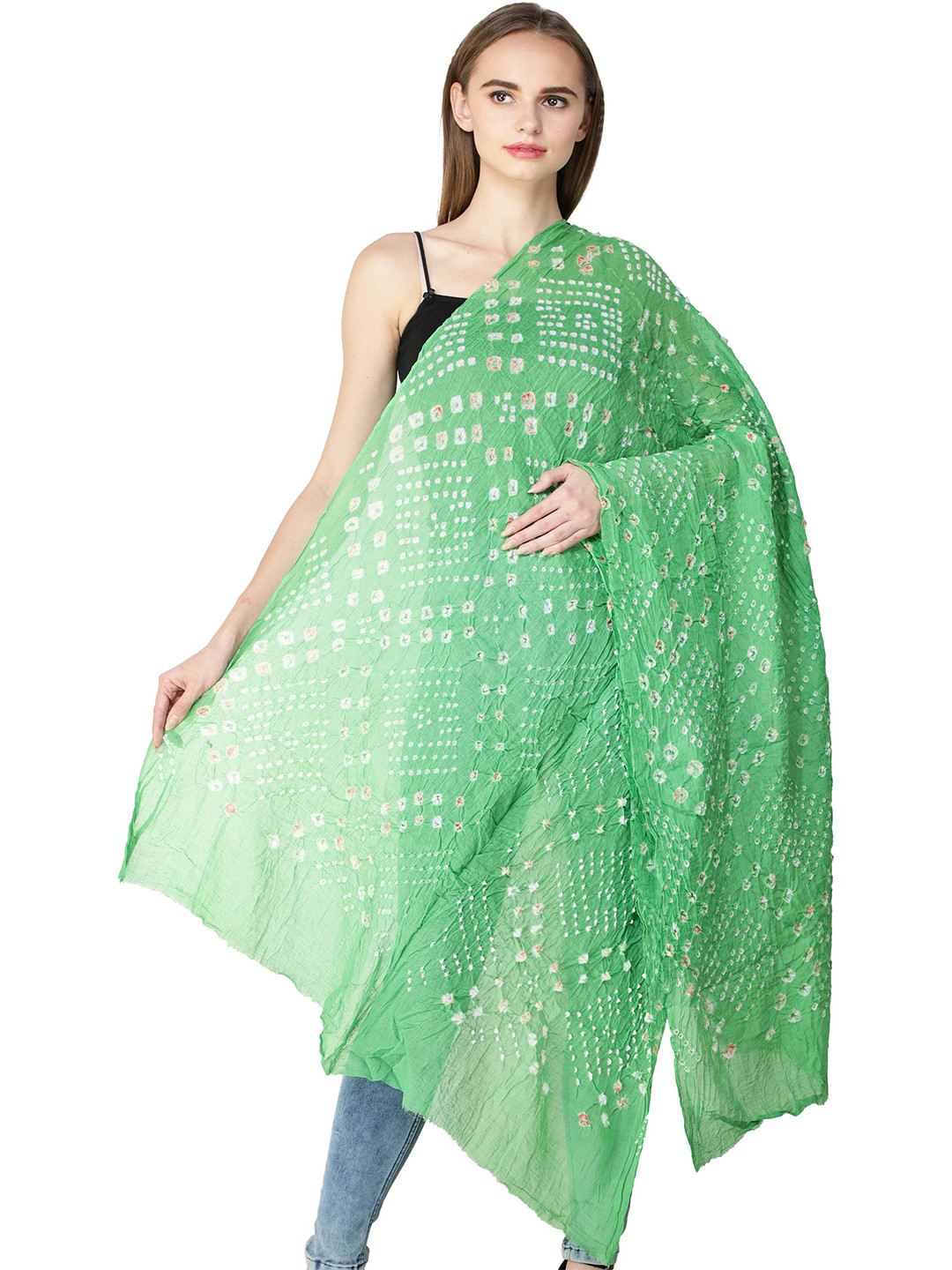 Exotic India Summer Green Pure Cotton Tie-Dye Printed Silk Jodhpuri Dupatta