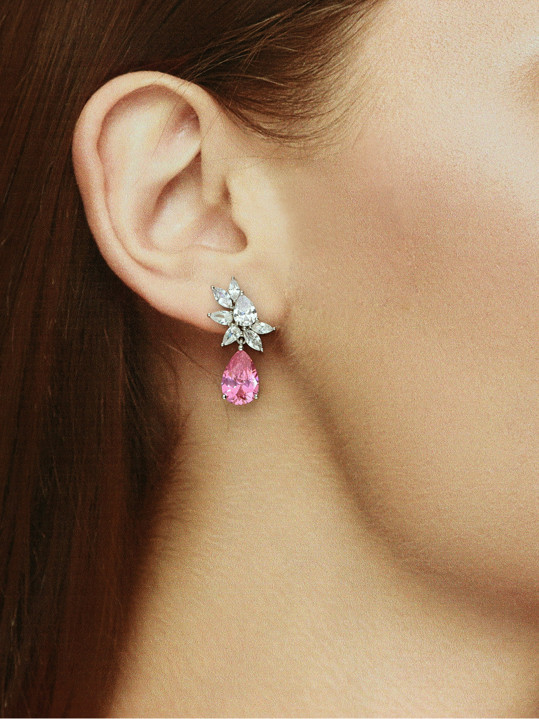 KAI JEWEL 92.5 Silver Rhodium-Plated Cubic Zirconia Studded Drop Earrings