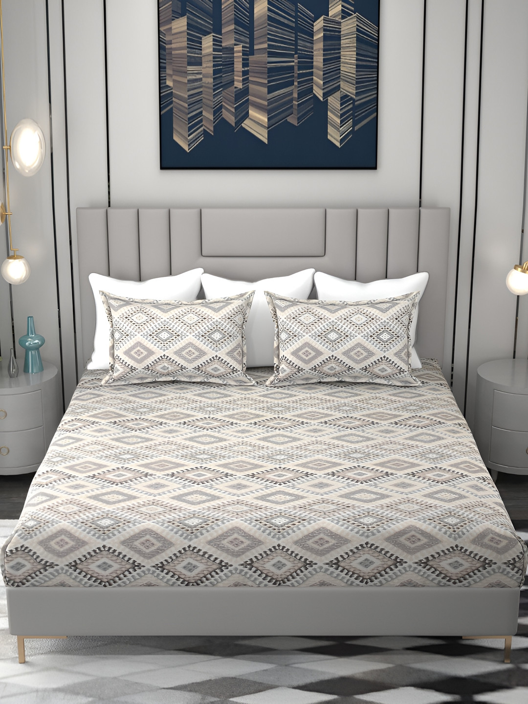 FINE TEX WORLD Grey Ethnic Motifs Pure Cotton 260 TC Super King Fine Bedsheet with 2 Pillow Covers-108 x 108 inches