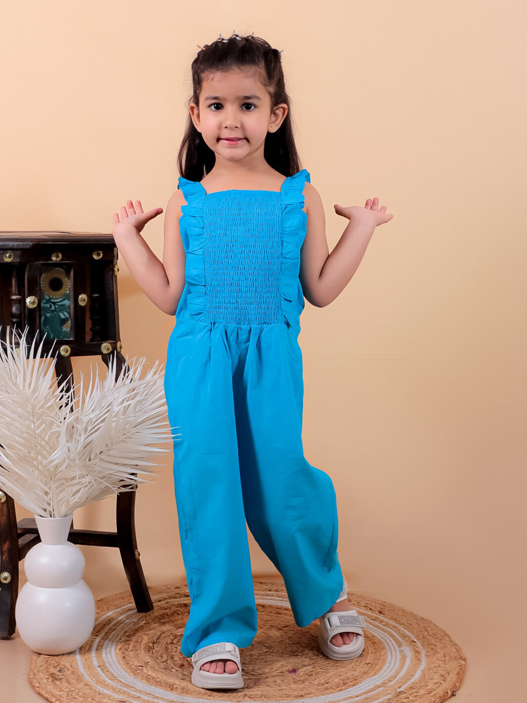 JUNITOS Girls Pure Cotton Ruffled Smoked Basic Jumpsuit