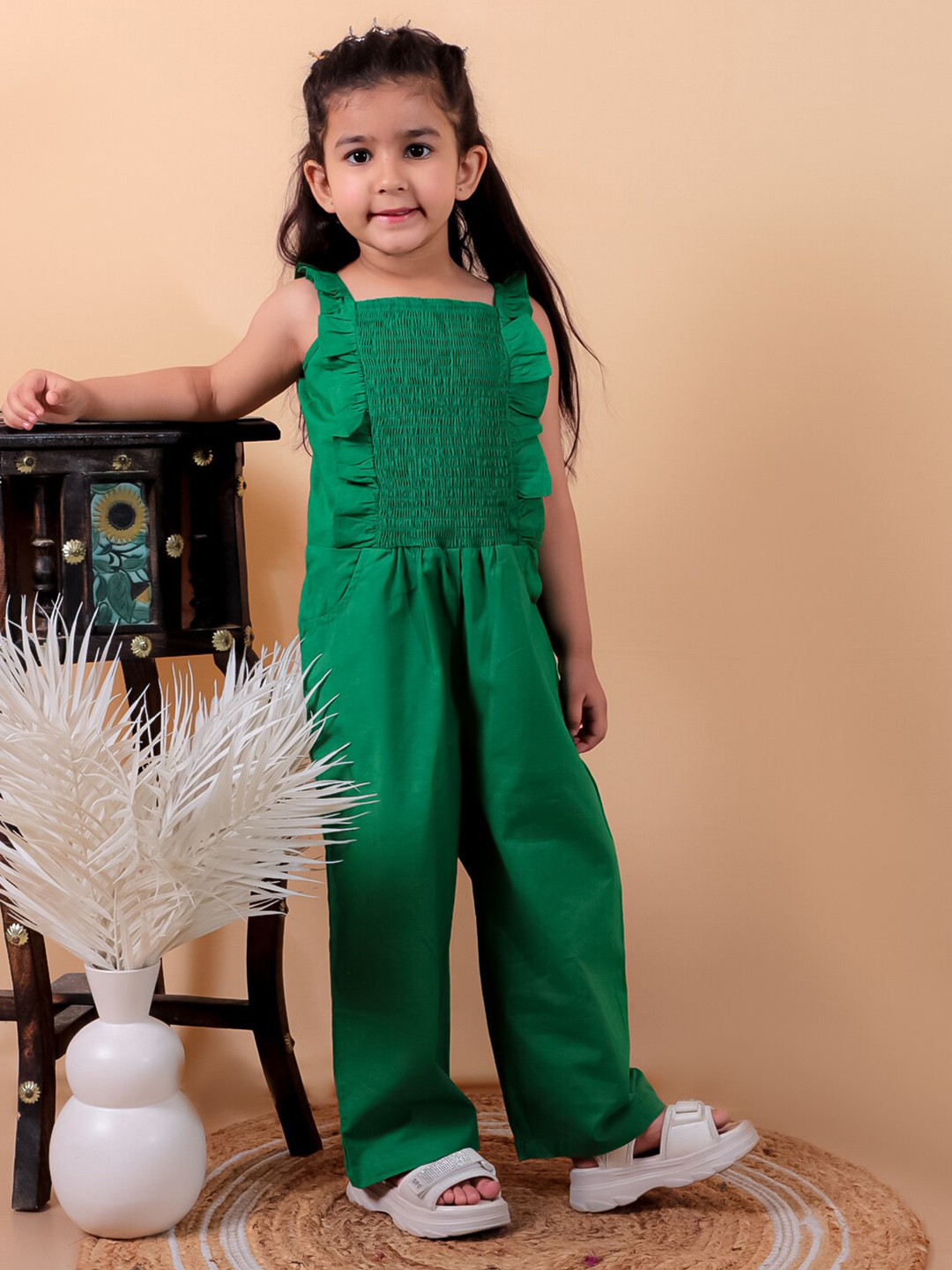 JUNITOS Girls Pure Cotton Ruffled Smoked Basic Jumpsuit