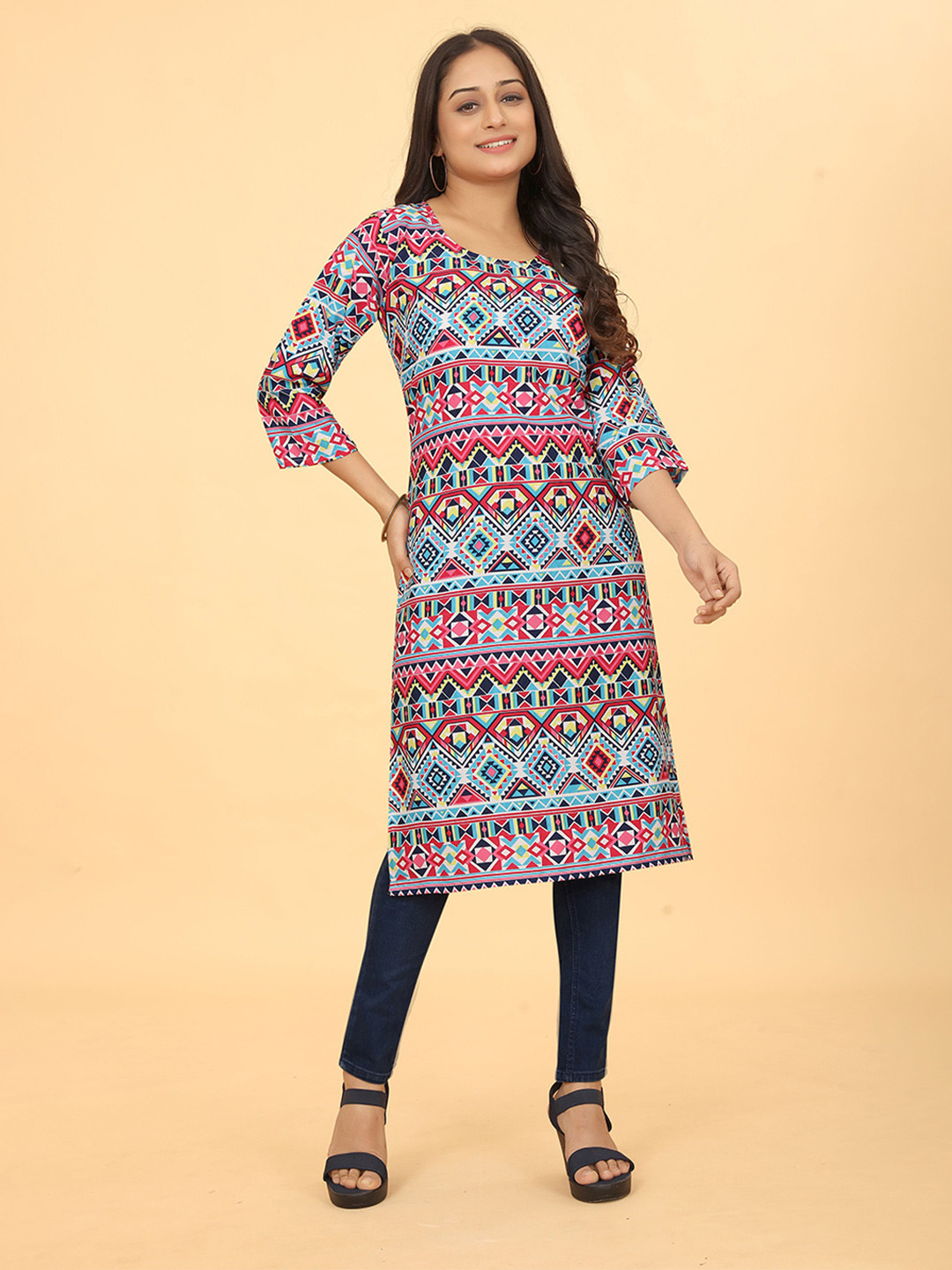 Jimmy Paris Geometric Printed Three-Quarter Sleeves Straight Crepe Kurta