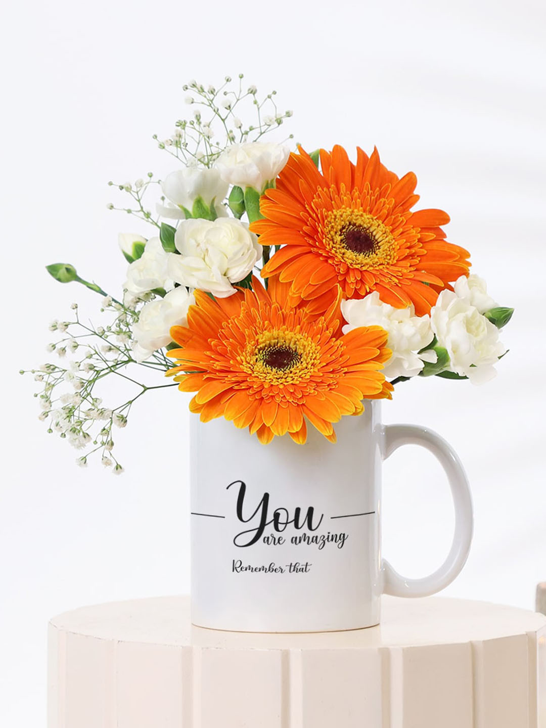 IGP Orange-Coloured Gerberas and White Carnations Fresh Flowers In a Mug