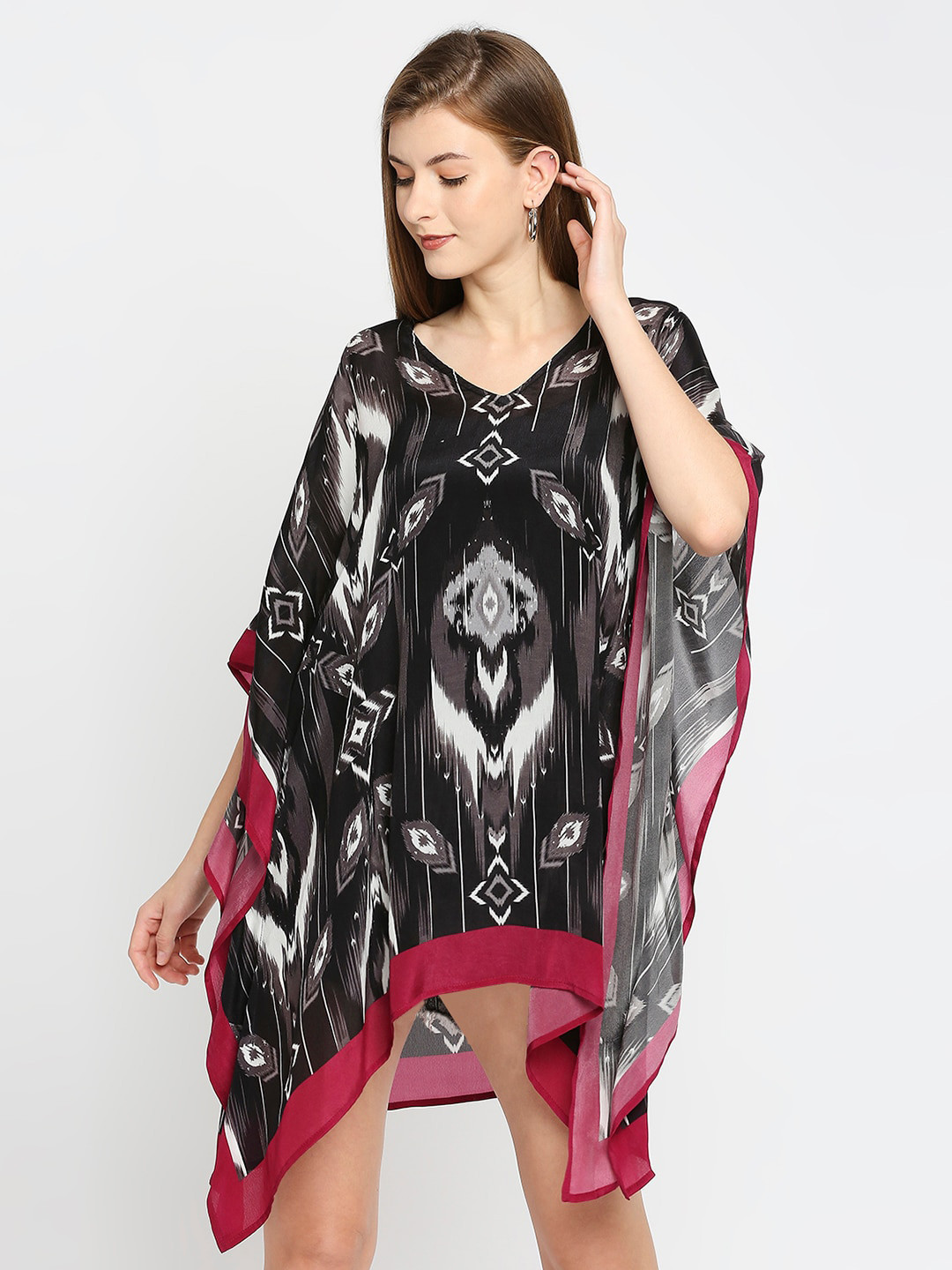 Cloth Haus India Print Abstract Printed V-Neck Batwing Sleeves Mini Kaftan Dress