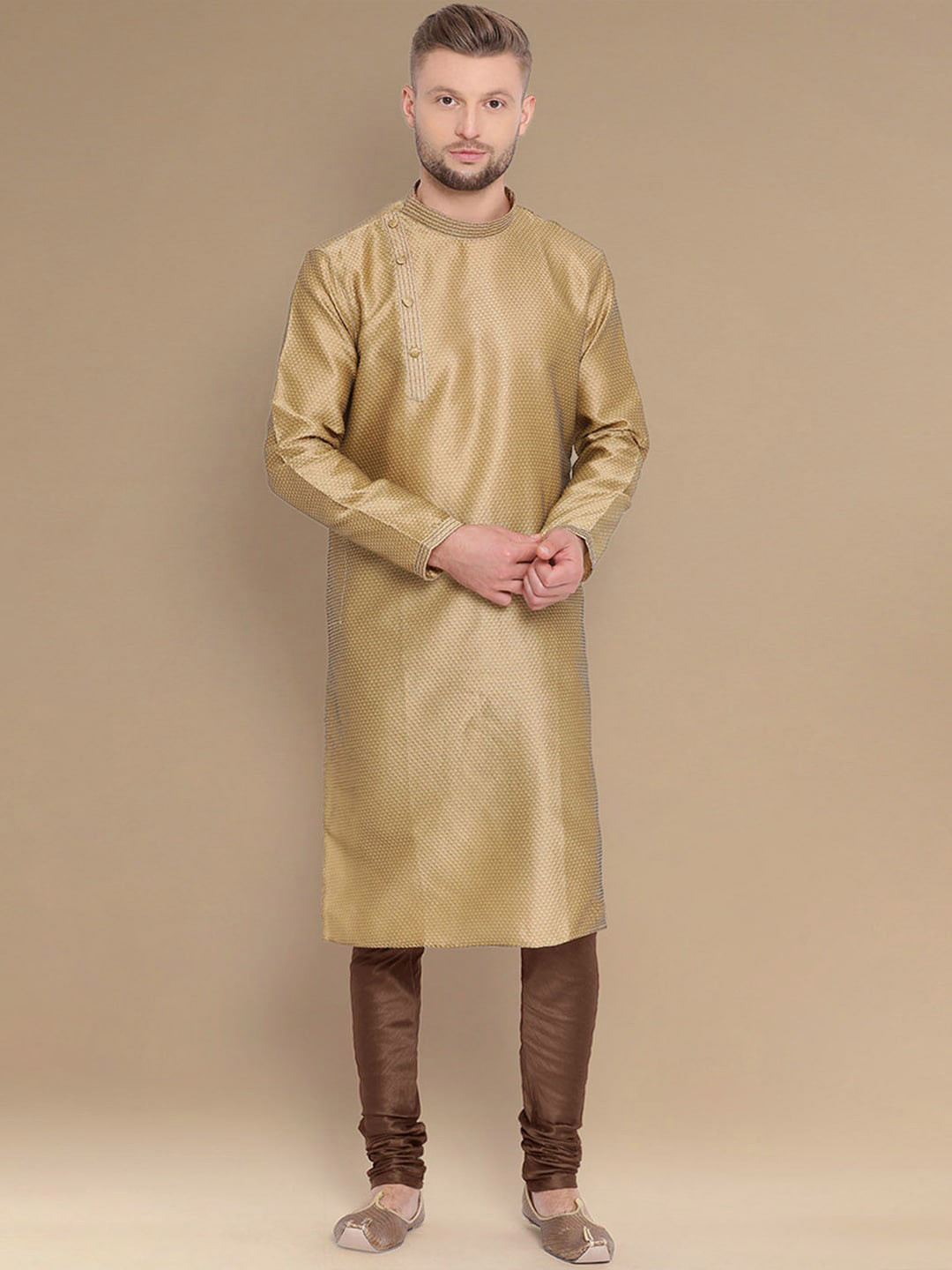 Here&Now X Sanwara  Geometric Woven Design Mandarin Collar Long Sleeves Kurta with Churidar