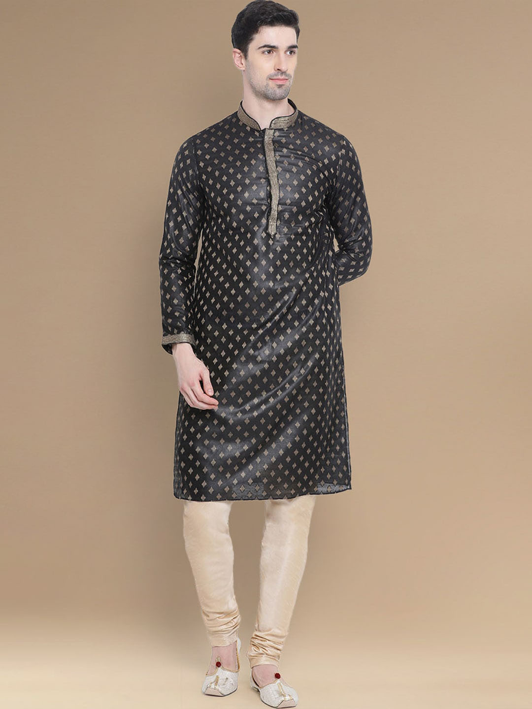Here&Now X Sanwara  Geometric Woven Design Mandarin Collar Long Sleeves Kurta with Churidar