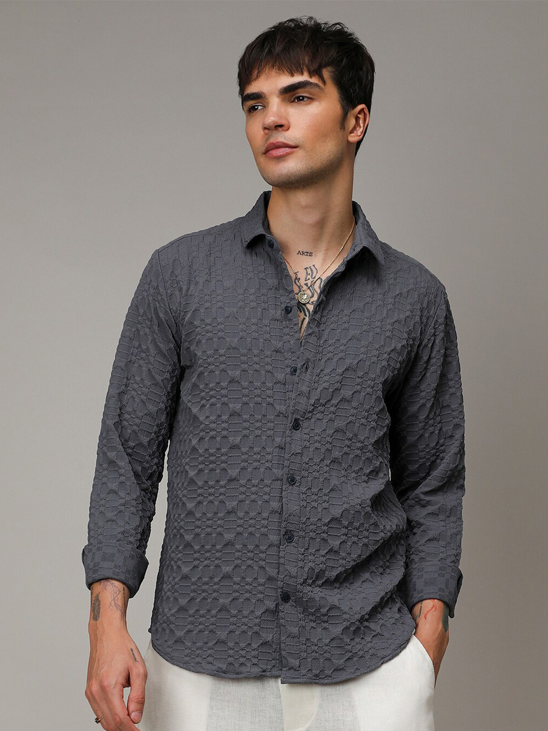 Campus Sutra Embossed Geometric Shirt