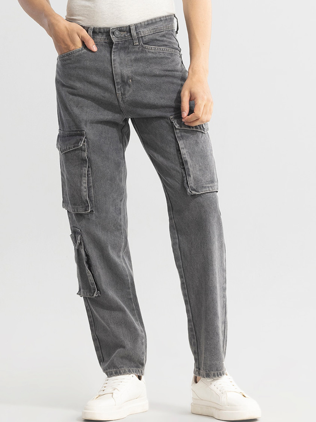 Snitch Men Charcoal Jean Relaxed Fit Pure Cotton Highly Distressed Jeans