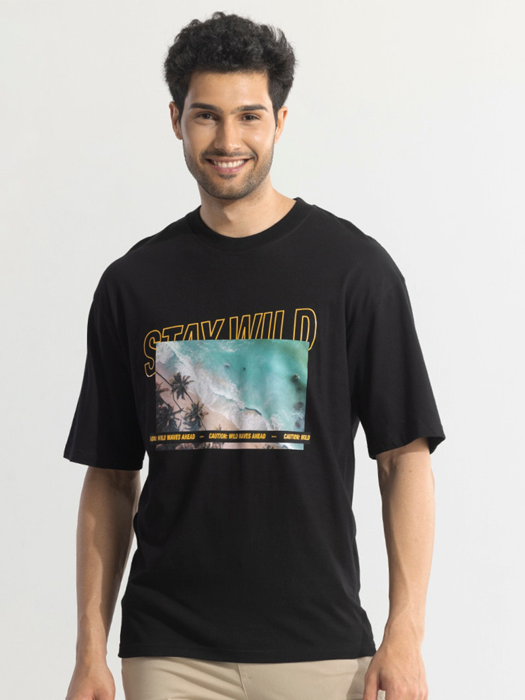 Snitch Black Graphic Printed Drop-Shoulder Sleeves Pure Cotton T-shirt