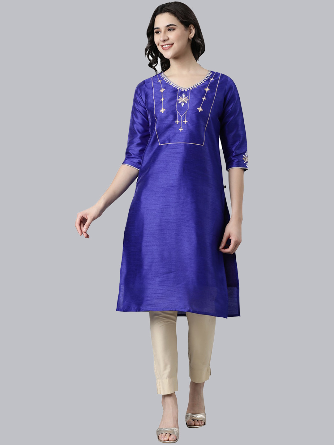 Samhitas Thread Work Silk Straight Kurta