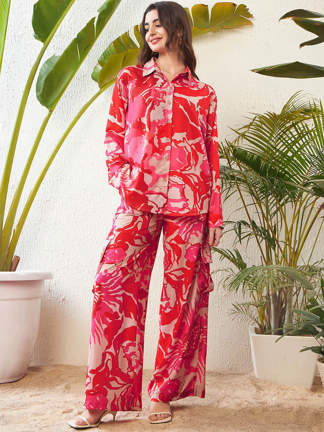 SASSAFRAS Red Floral Printed Oversize Shirt With Palazzo