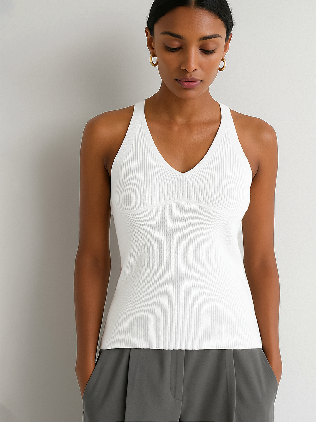 SASSAFRAS Self Design V Neck Sleeveless Crochet Tank Top