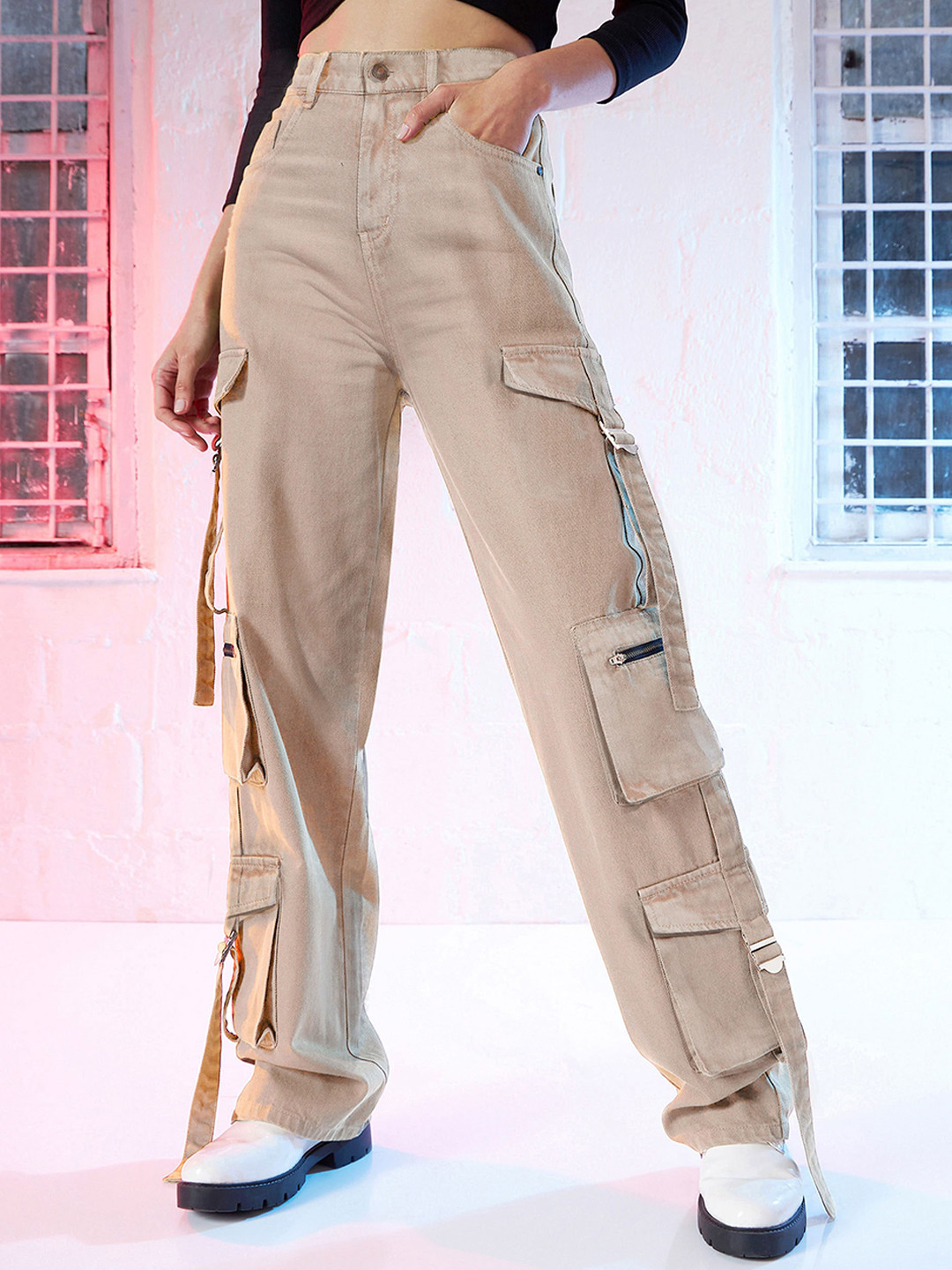 SASSAFRAS Women Beige Straight Fit High-Rise Acid Wash Pure Cotton Cargo Jeans