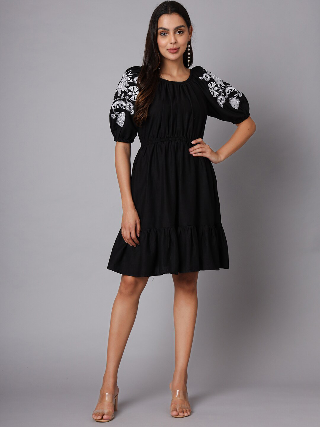 VINISHAA KLOTHING Embroidered Puffed Sleeves Cotton Fit & Flare Dress