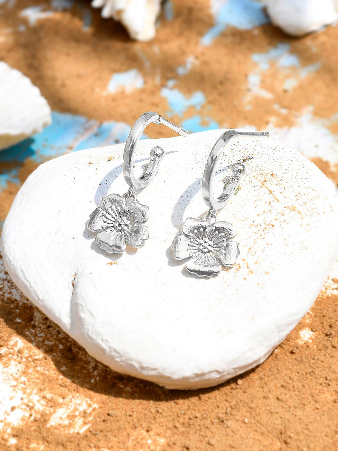 Voylla Hawaii Hibiscus Huggie Silver Hoops