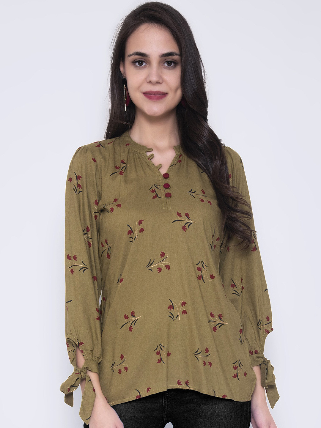 SEVEN FLOWER Floral Print Mandarin Collar Top