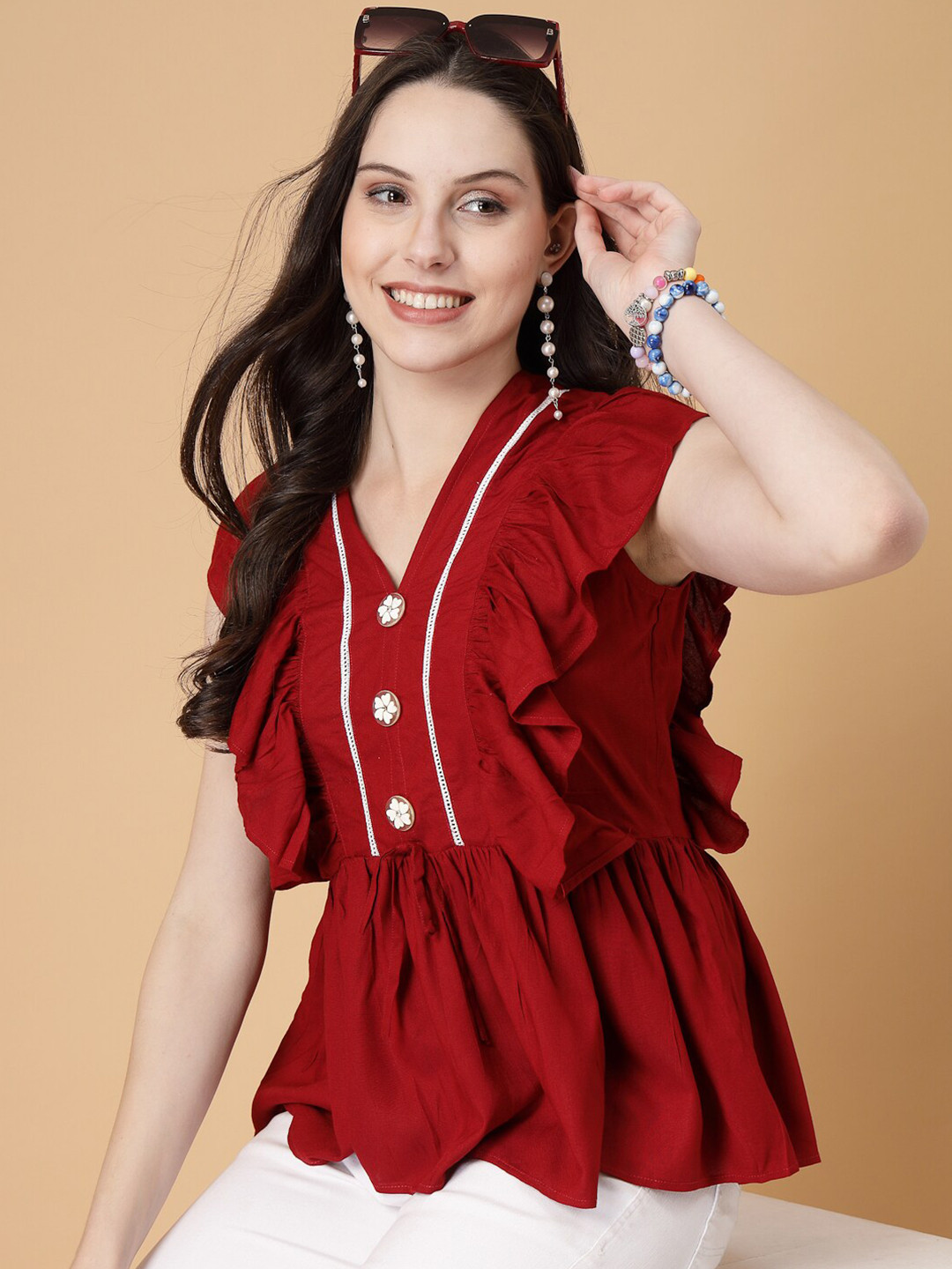 SEVEN FLOWER Flutter Sleeve Peplum Top