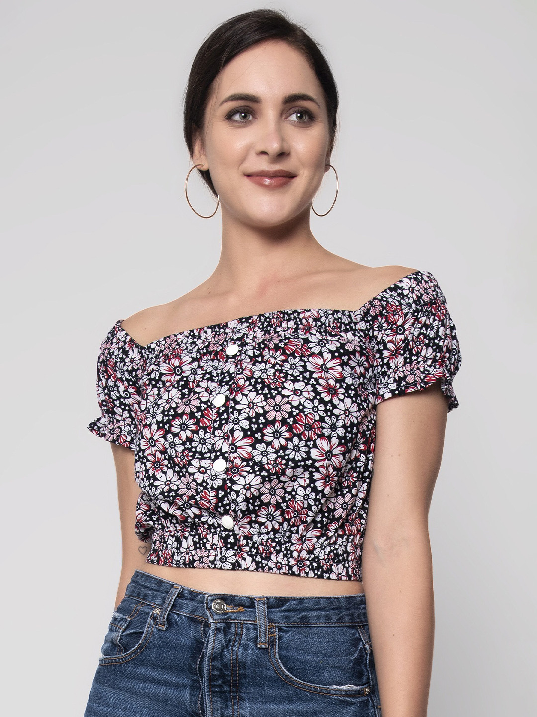SEVEN FLOWER Floral Print Off-Shoulder Cotton Bardot Crop Top