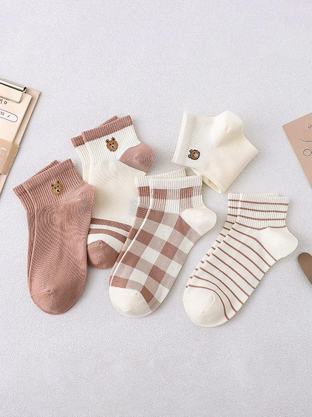 YOUSTYLO Women Pack Of 5 Self-Designed Cotton Ankle-Length Socks