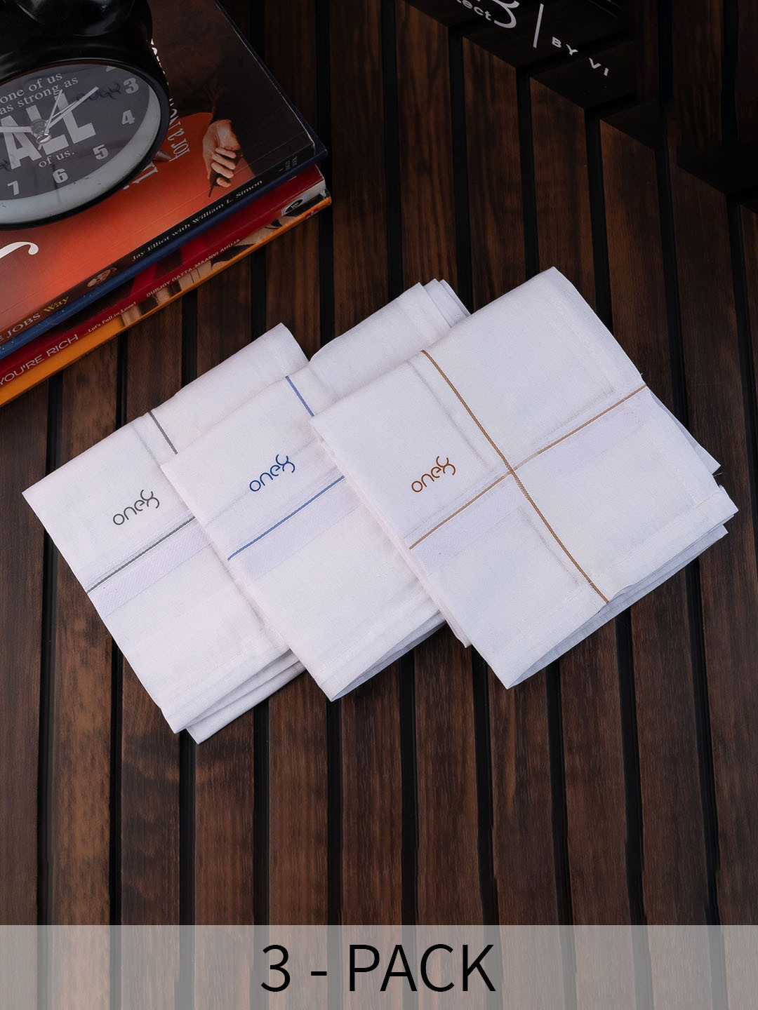 One8 Men Pack Of 3 Line-Border Detail Pure Cotton Anti-Bacterial Handkerchiefs