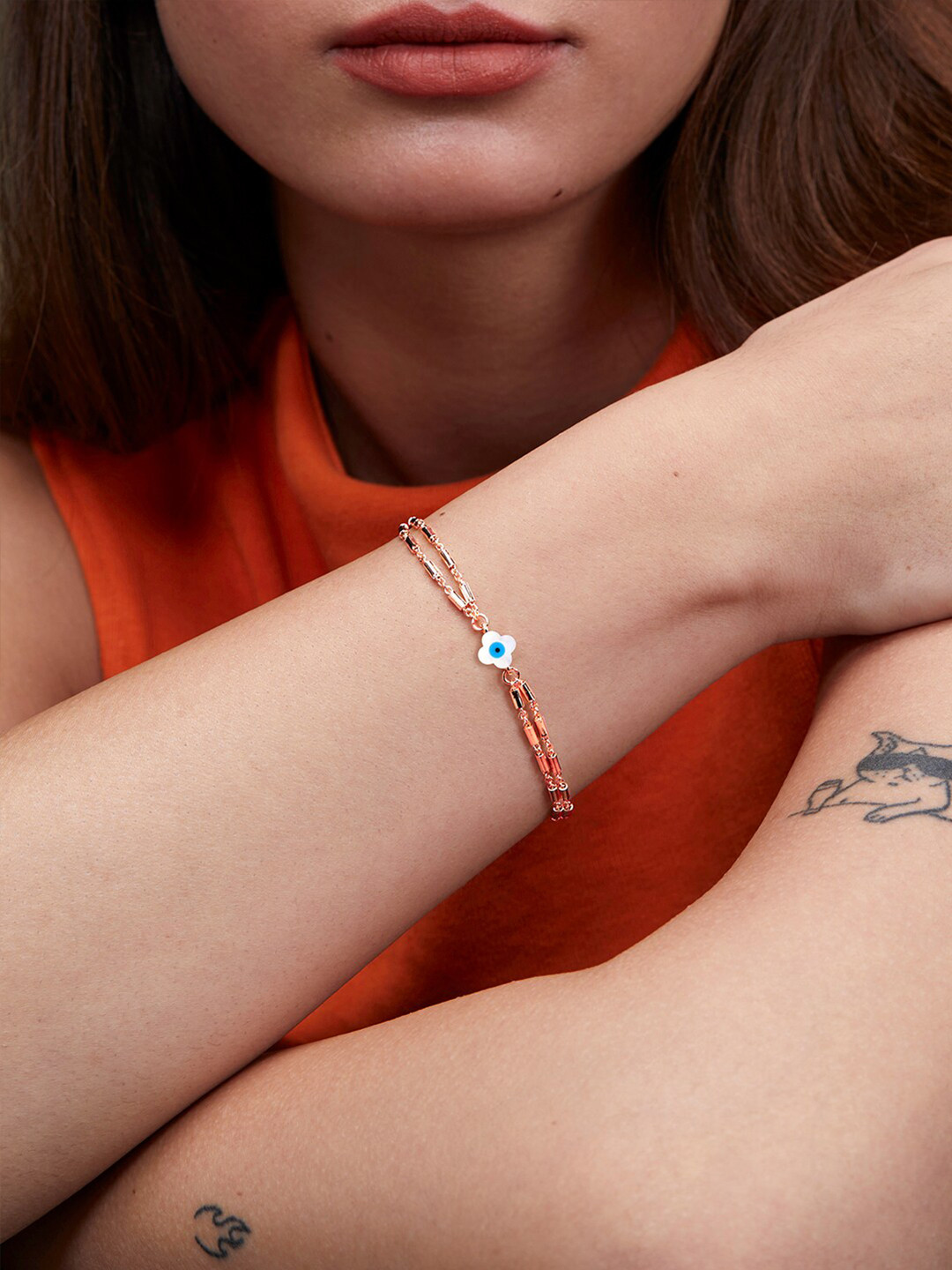 MINUTIAE Rose Gold-Plated Brass Crystals Stone Studded Link Bracelet