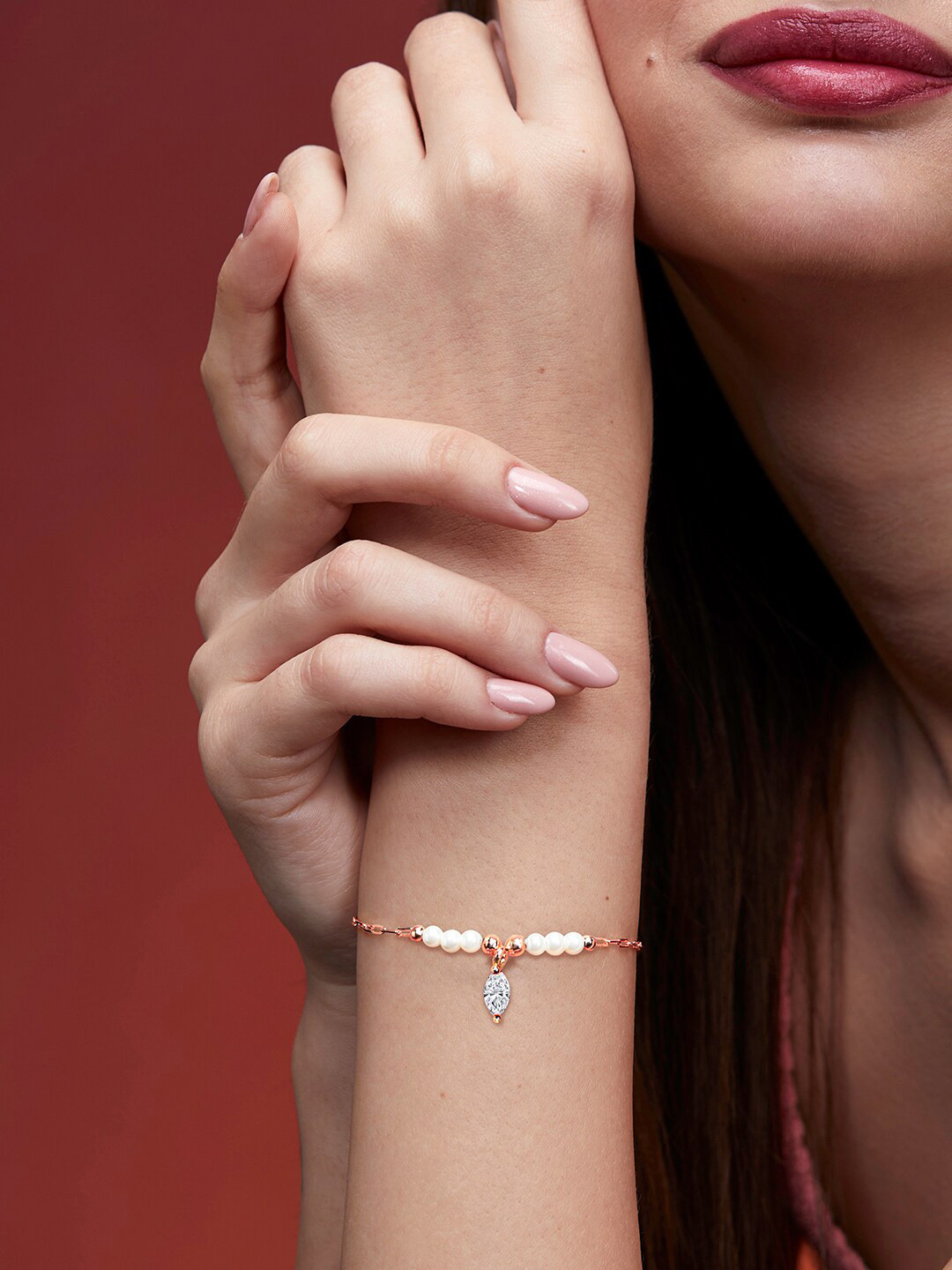 MINUTIAE Women Brass Crystal Studded Rose Gold-Plated Link Bracelet