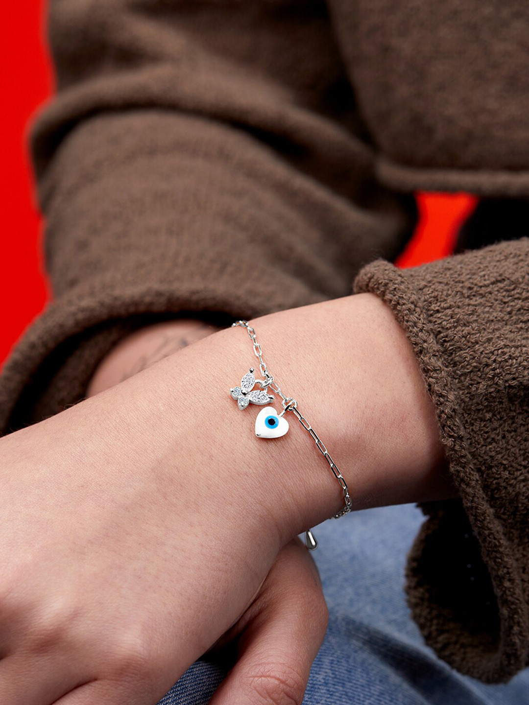 MINUTIAE Brass Crystals Silver-Plated Link Bracelet