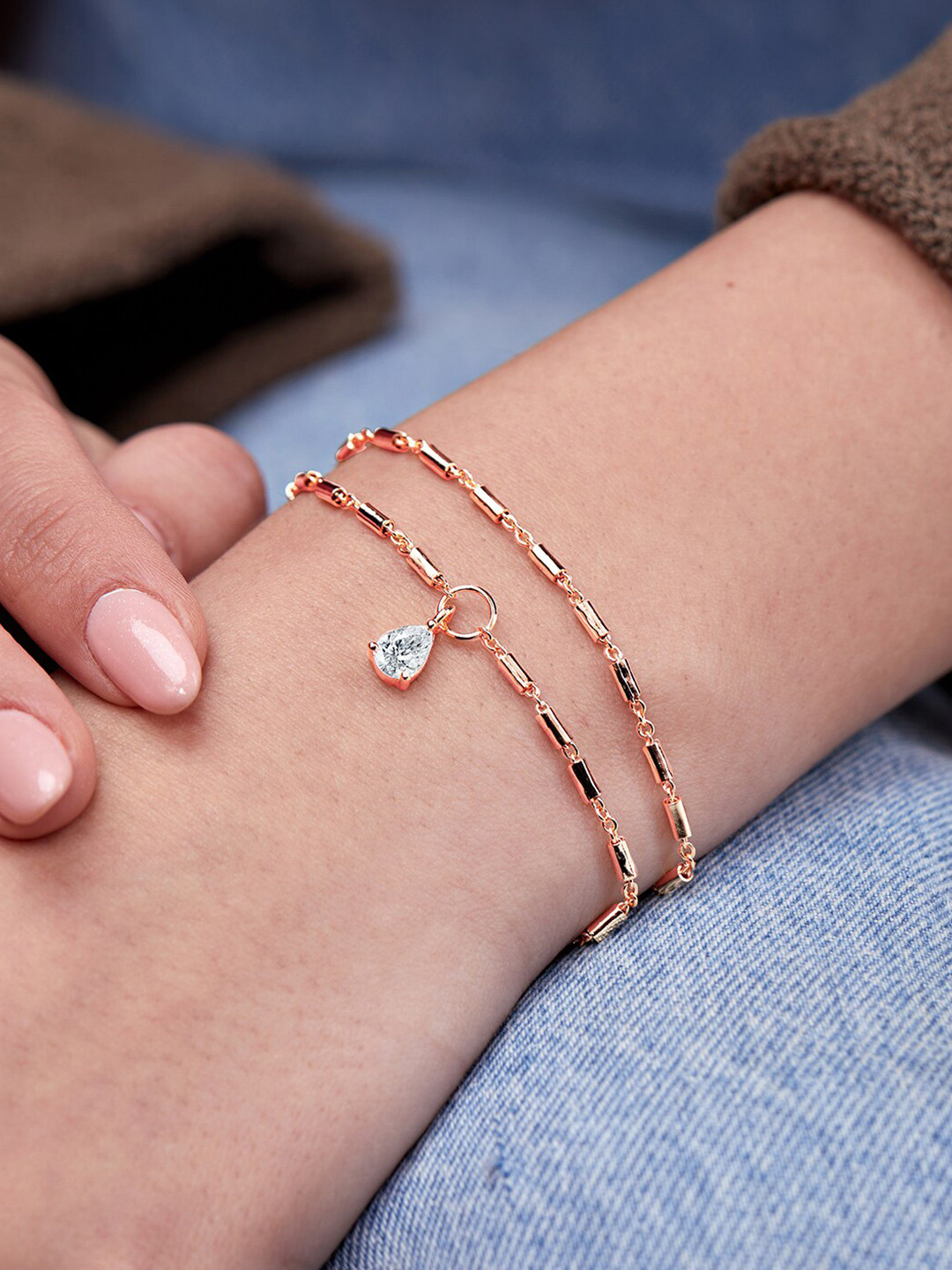 MINUTIAE Brass Rose Gold-Plated Crystals Studded Link Bracelet