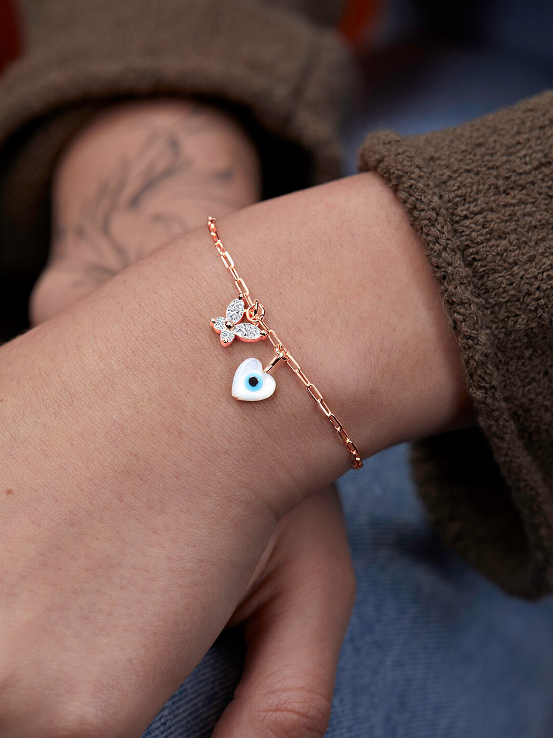 MINUTIAE Brass Rose Gold-Plated Crystals Studded Link Bracelet