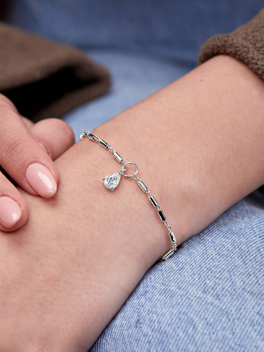 MINUTIAE Brass Silver-Plated Crystals Studded Link Bracelet