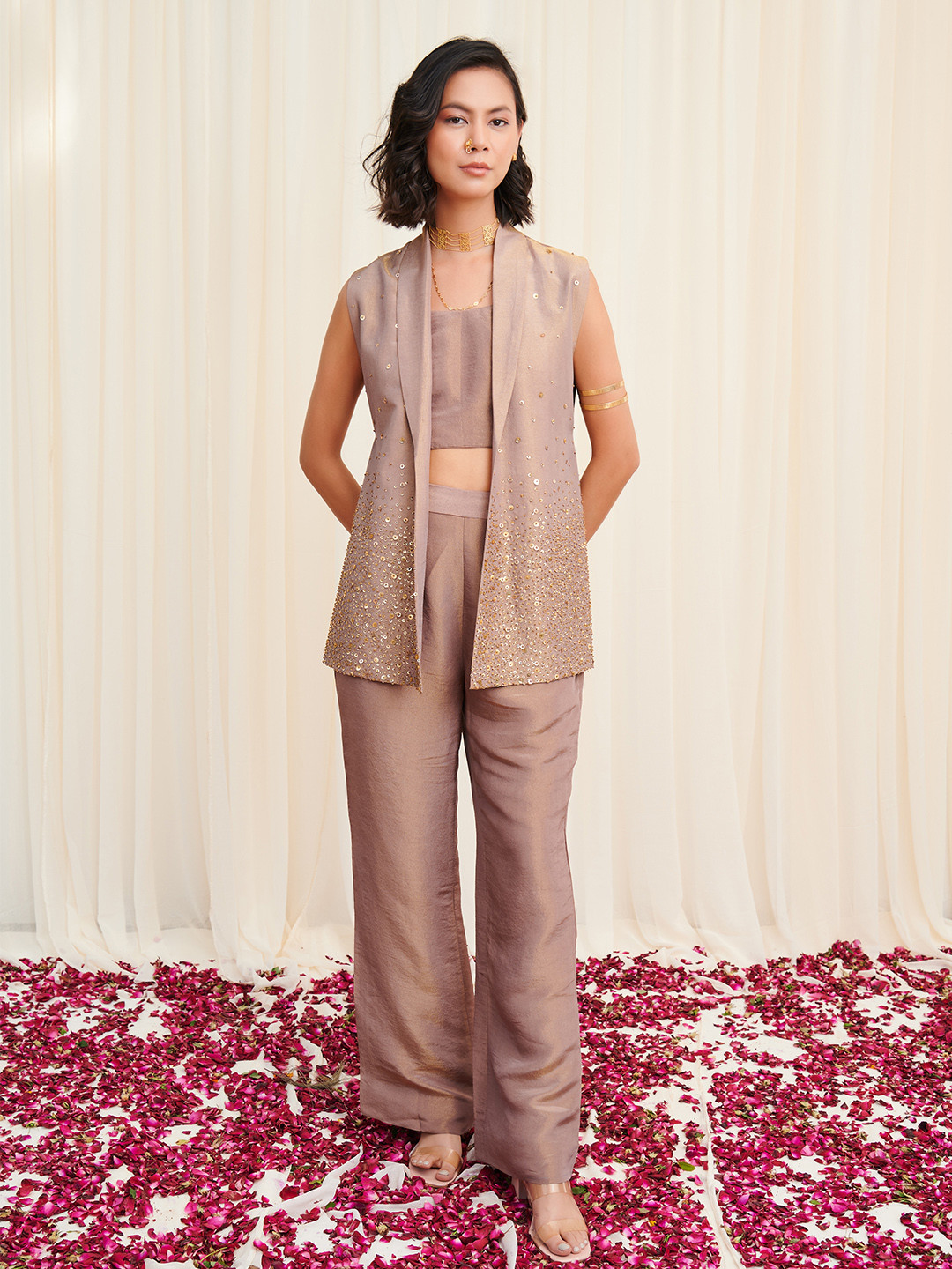 RIRASA Aral Crop Top & Trousers With Sequined Jacket Co-Ords