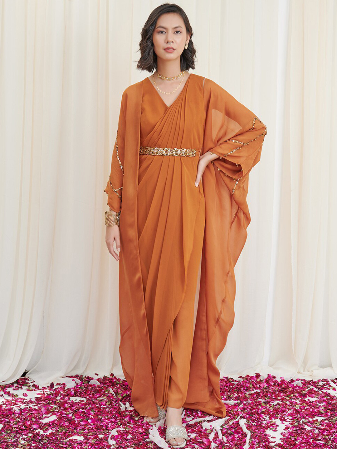 RIRASA V-Neck Flared Sleeve Georgette Maxi Dress