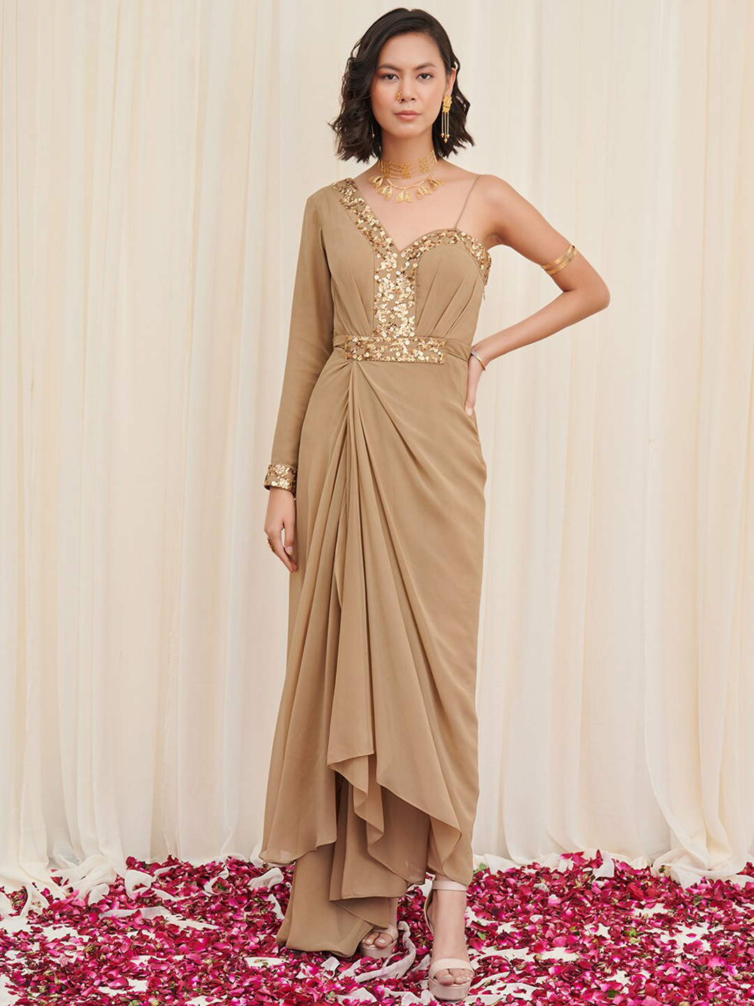 RIRASA One Shoulder Long Sleeves Georgette Maxi Dress