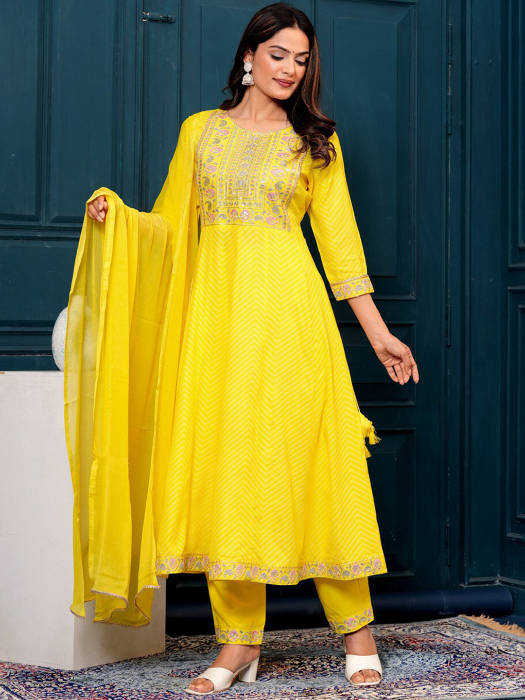 TOULIN Floral Yoke Design Sequined Anarkali Kurta & Palazzos With Dupatta