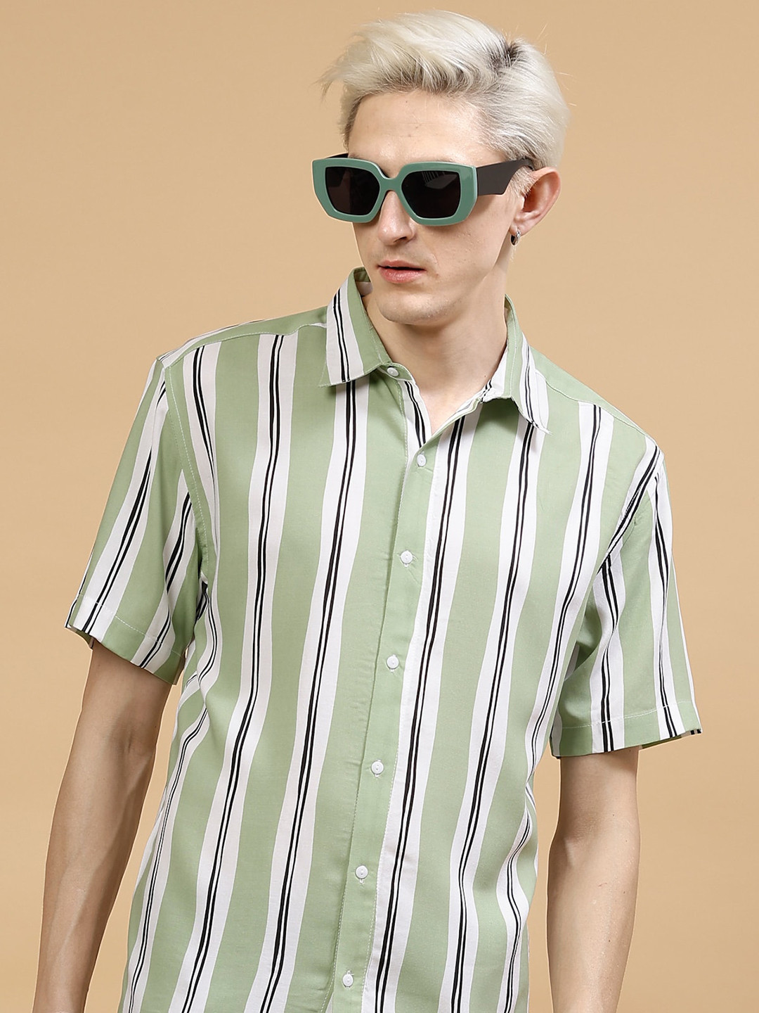 Green Vertical Stripes Regular Fit Casual Shirt
