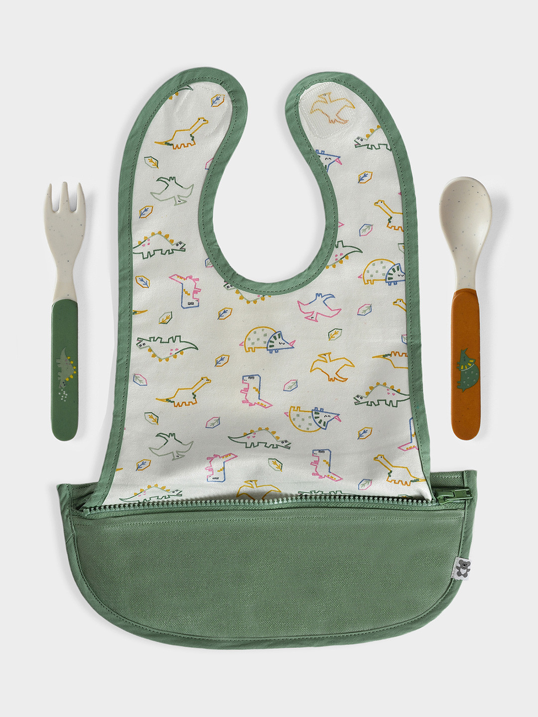 MiArcus 100% Cotton Printed Feeding Bib With Zipper Pouch & Spoon & Fork-Green